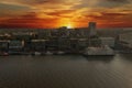 Aerial shot of the restaurants, hotels and office buildings along the riverfront of the Savannah River with ships Royalty Free Stock Photo