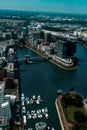 Aerial shot of the Rhinetower to the Marina in Duesseldorf Royalty Free Stock Photo