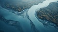 Aerial River: 3d Osmosis Flowing Water Surface In Hazy Landscape