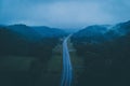 Aerial shot of a road in the middle of grassy fields near trees under a blue cloudy sky Royalty Free Stock Photo