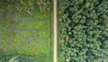 Aerial shot of a road between a thick, lush forest and a denuded woodland Royalty Free Stock Photo