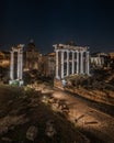 Aerial shot of the Roman Forum, at night in Rome, Italy. Royalty Free Stock Photo