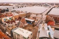 Aerial shot of roofs of an old town with the tower of Dome Cathedral and House of the Blackheads