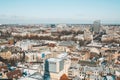 Aerial shot of roofs of an old town with the tower of Dome Cathedral and House of the Blackheads