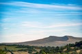 Aerial shot of rural farmland with hills of green and yellow foliage in Brecon Beacons, Wales, UK Royalty Free Stock Photo