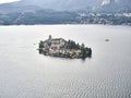 Aerial shot of the San Giulio Island on lake Orta in northern Italy Royalty Free Stock Photo