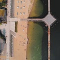 Aerial shot of a sandy beach on Ukiel lake in Olsztyn, Poland.