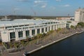 aerial shot of the Savannah Convention Center along the waters of the Savannah River and the Westin Hotel