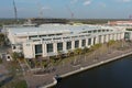 aerial shot of the Savannah Convention Center along the waters of the Savannah River and the Westin Hotel