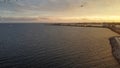 Aerial shot of seagulls flying over the calm sea with the golden sunset in the background Royalty Free Stock Photo