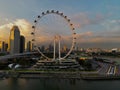 Aerial shot of the Singapore Flyer surrounded by modern buildings at sunset Royalty Free Stock Photo