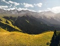 Aerial shot of small tourist in beautiful mountain