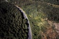 Aerial shot of a smooth road in the forest Royalty Free Stock Photo
