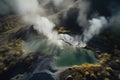 aerial shot of steam rising from the hot springs in a national park