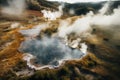 aerial shot of steam rising from the hot springs in a national park