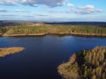 Aerial shot of storage reservoir. Landscape with blue sky and white clouds, flat terrain, river, forest, top view