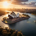 An aerial shot of the Sydney Opera House in Australia, with its distinctive sail-like roofs visibl