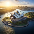 An aerial shot of the Sydney Opera House in Australia, with its distinctive sail-like roofs visibl