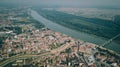 Aerial shot of a town along the river