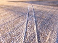 Aerial shot of tractor tracks in a field.