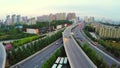 AERIAL shot of traffic moving on overpasses,Xi`an,China.