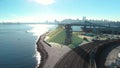 Aerial shot of a the trainyard and port facility with Downtown Vancouver in the background.