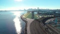 Aerial shot of a the trainyard and port facility with Downtown Vancouver in the background.