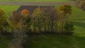 Aerial shot of trees in hedgerow, vibrant autumn foliage