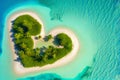 Aerial shot of tropical island with sandy beach in the shape of heart