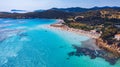 Aerial shot of Tuerredda beach on a beautiful day, Sardinia, Italy. Aerial drone view of Tuerredda in Sardegna. Famous Tuerredda