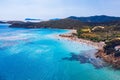 Aerial shot of Tuerredda beach on a beautiful day, Sardinia, Italy. Aerial drone view of Tuerredda in Sardegna. Famous Tuerredda