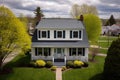 aerial shot of two-story colonial house showcasing symmetrical windows