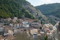 Aerial shot of the valley of the historic rock village of Alcala de Jucar