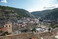 Aerial shot of the valley of the historic rock village of Alcala de Jucar