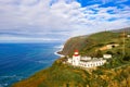 Aerial shot of a white building near the cliff in Madeira island with a view of the Atlantic ocean Royalty Free Stock Photo