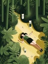 An aerial shot of a woman in a peaceful forest with a bottle of antiaging supplements lying at her feet.. AI generation