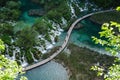 Aerial shot of a wooden path in the Plitvice Lakes National Park in Croatia Royalty Free Stock Photo