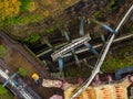 Aerial shot of the work to remove the Rollercoaster Nemesis from the Alton Towers Theme Park, UK. Royalty Free Stock Photo