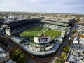 aerial shot of Wrigley Field with the Northwestern Wildcats football field on the grass of the stadium