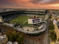 aerial shot of Wrigley Field with the Northwestern Wildcats football field on the grass of the stadium