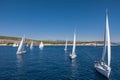 Aerial shot of the yacht race, a sailing regatta, intense competition, a lot of white sails, island is on background