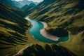 aerial shots of a mountain range and a river
