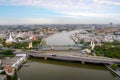 Aerial shots taken from a drone of Phra Pok Klao Bridge and Phra Phuttha Yot Fa Bridge. crossing the Chao Phraya River in the