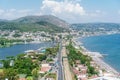 Aerial sights of Pozzuoli beach and Lucrino lake, located in the north coast of Naples, Italy Royalty Free Stock Photo