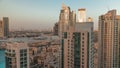 Aerial skyline of buildings in Downtown Dubai timelapse during sunset. Royalty Free Stock Photo