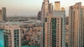 Aerial skyline of buildings in Downtown Dubai timelapse during sunset. Royalty Free Stock Photo