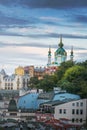 Aerial skyline of Kyv with St. Andrew`s church at sunset - Kiev, Ukraine Royalty Free Stock Photo