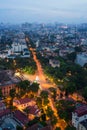 Aerial skyline view of crossroads Le Lai - Ly Thai To - Ngo Quyen street, Hoan Kiem district. Hoan Kiem is center of Hanoi city. H