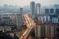 Aerial skyline view of Hanoi city, Vietnam. Hanoi cityscape by sunset period at Belt Road No. 3, Hoang Mai district