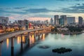 Aerial skyline view of Hanoi at Hoang Cau lake. Hanoi cityscape by sunset period